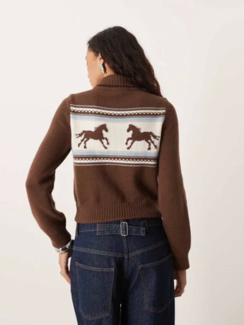 Abercrombie & Fitch Double Zip Foldover Collar Horse Graphic Cardigan Brown XS - Picture 4 of 7